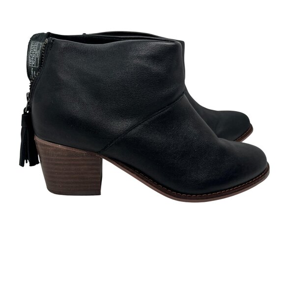 TOMS BLACK LEATHER HEEL ANKLE BOOTS 6.5 WOMENS BACK  ZIP TASSEL BOOTIES WOOD HEE - Picture 4 of 16